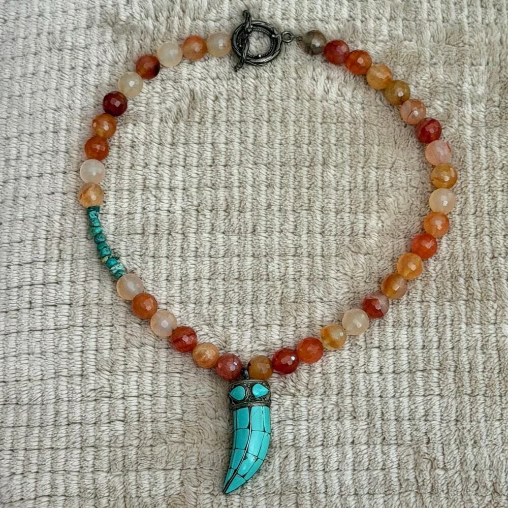 Sterling Silver & Natural Stone Horn-Shaped Pendant Beaded Necklace
